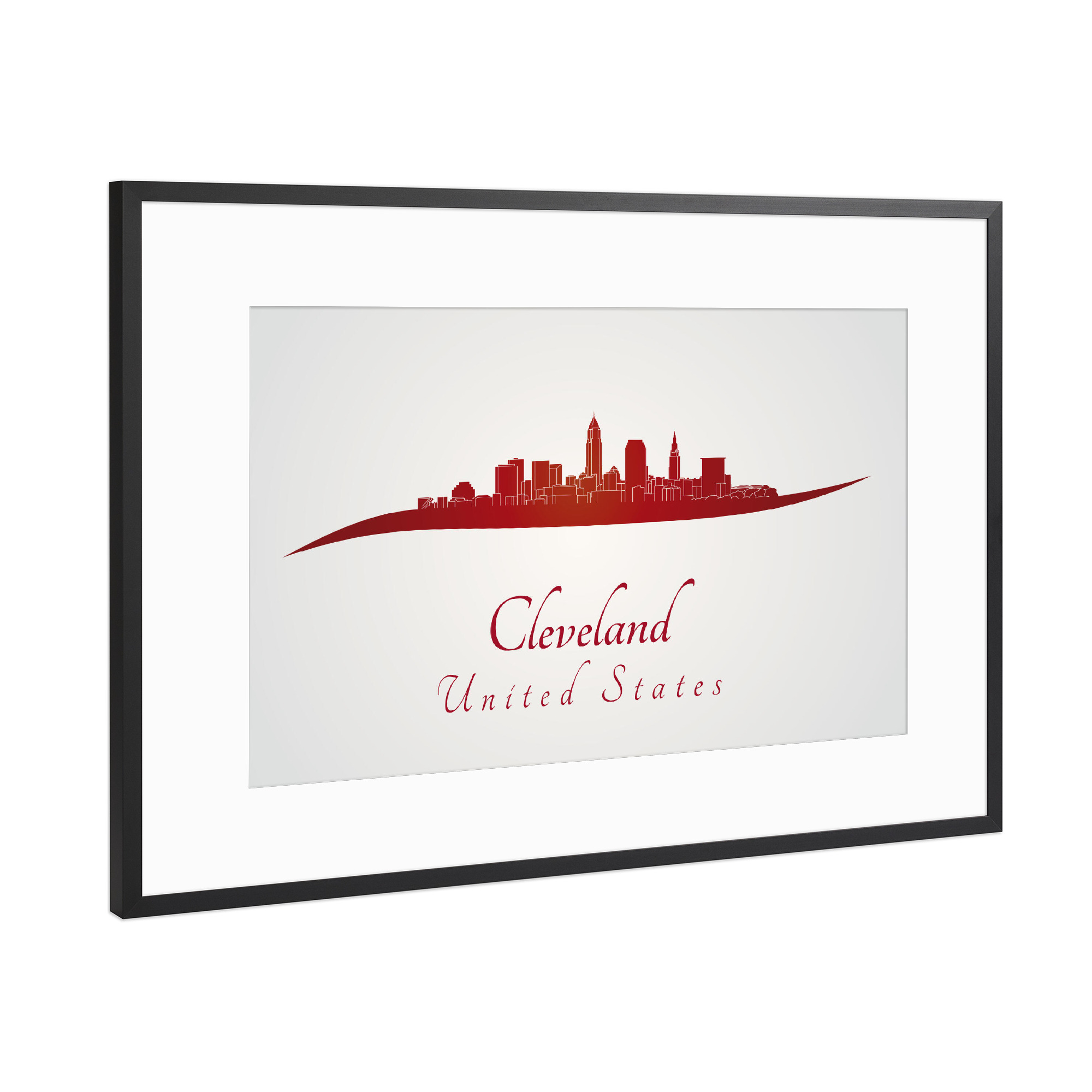 Poster mit Rahmen Schwarz (Metallic) "Cleveland-Skyline im Rot" artboxONE - Städte,Architektur