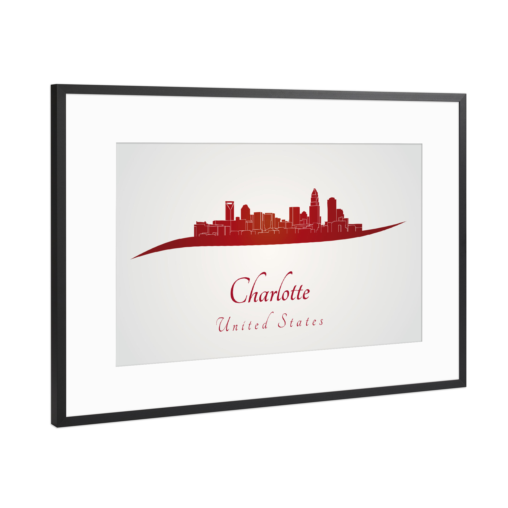 Poster mit Rahmen Schwarz (Metallic) "Charlotte-Skyline in Rot" artboxONE - Städte,Architektur