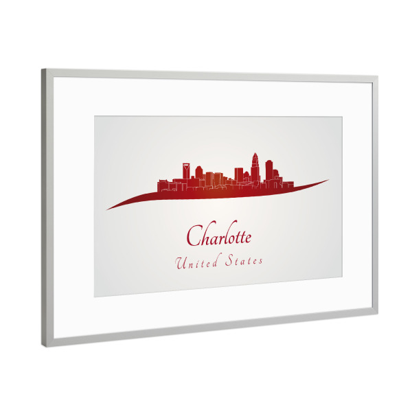 Poster mit Rahmen Silber "Charlotte-Skyline in Rot" artboxONE - Städte,Architektur