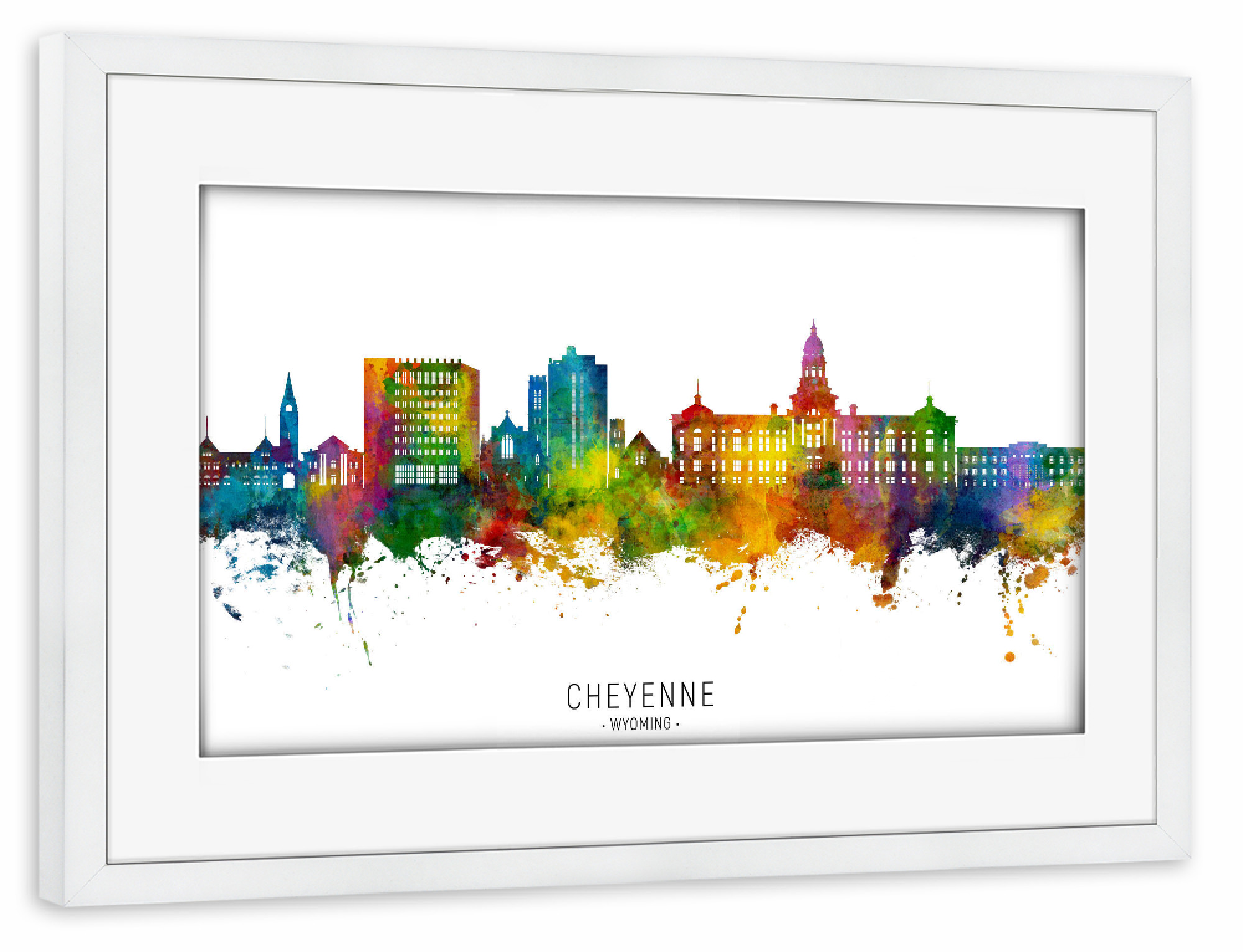 Poster mit Rahmen weiß "Cheyenne Wyoming Skyline txt" artboxONE - Städte - Cheyenne,Wyoming,Skyline,Stadtbild,Stadtbild,Aquarell,Malerei