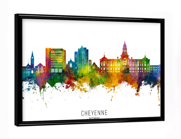Poster mit schwarzem Rahmen "Cheyenne Wyoming Skyline txt" artboxONE - Städte - Cheyenne,Wyoming,Skyline,Stadtbild,Stadtbild,Aquarell,Malerei