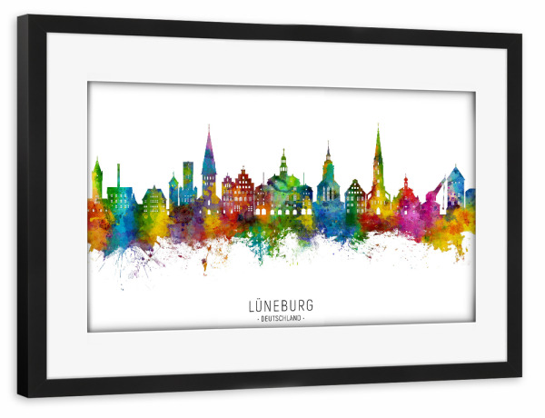 Poster mit Rahmen schwarz "Lüneburg Deutschland Skyline txt" artboxONE - Städte - Lüneburg,Deutschland,Skyline,Stadtbild,Stadtbild,Aquarell,Malerei
