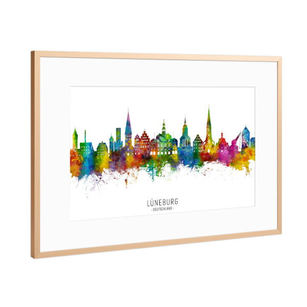 Poster mit Rahmen Kupfer "Lüneburg Deutschland Skyline txt" artboxONE - Städte - Lüneburg,Deutschland,Skyline,Stadtbild,Stadtbild,Aquarell,Malerei