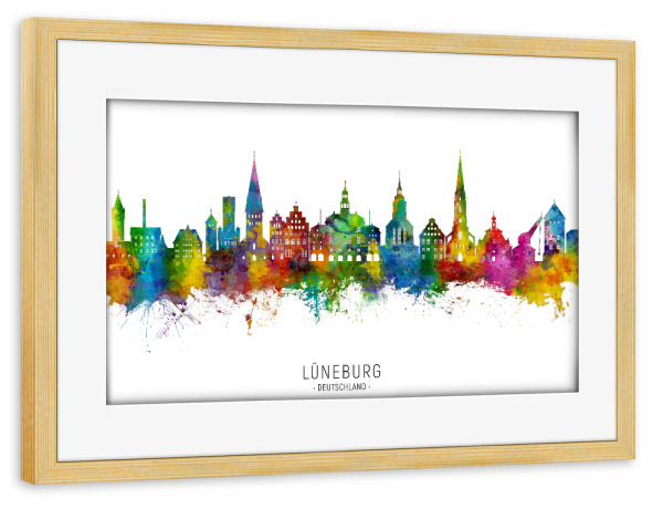 Poster mit Rahmen kiefer "Lüneburg Deutschland Skyline txt" artboxONE - Städte - Lüneburg,Deutschland,Skyline,Stadtbild,Stadtbild,Aquarell,Malerei