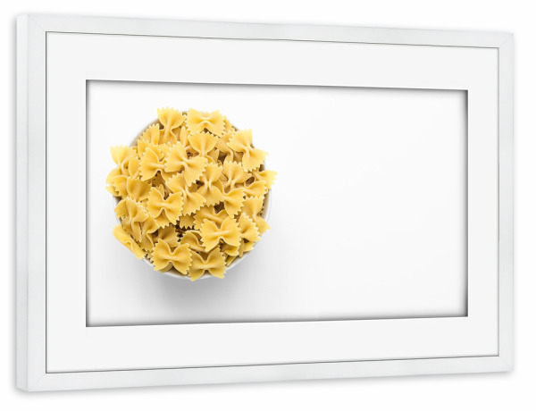 Poster mit Rahmen weiß "Farfalle im Ganzen" artboxONE - Essen & Trinken - Nudeln,Pasta,Essen,Food,Minimalistisch,Weiß,Küche,Fotografie