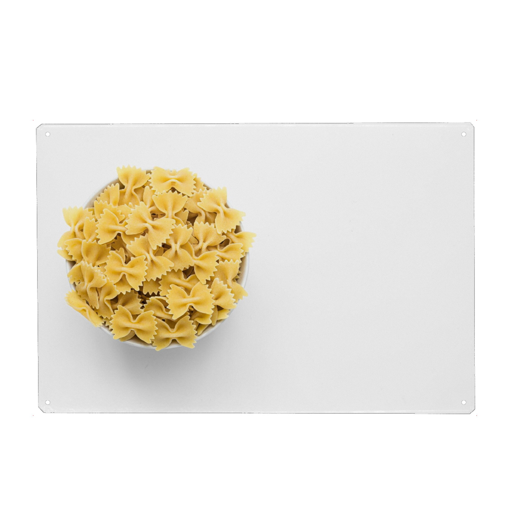 Metall Poster "Farfalle im Ganzen" artboxONE - Essen & Trinken - Nudeln,Pasta,Essen,Food,Minimalistisch,Weiß,Küche,Fotografie - Blechschild