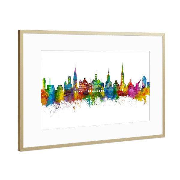 Poster mit Rahmen Gold "Skyline von Lüneburg Deutschland" artboxONE - Städte - Lüneburg,Deutschland,Skyline,Stadtbild,Stadtbild,Aquarell,Malerei