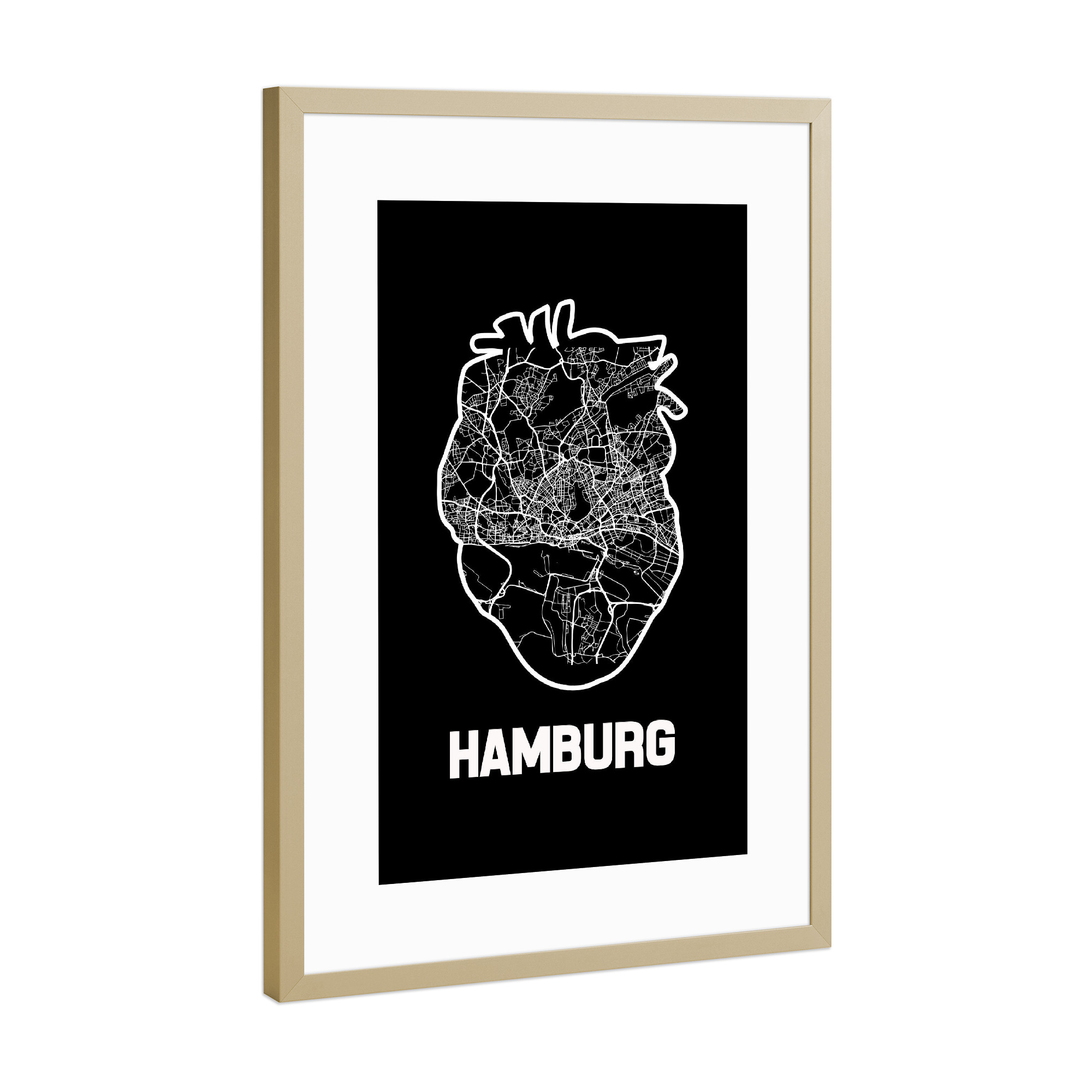 Poster mit Rahmen Gold "Hamburger Herzkarte" artboxONE - Städte / Hamburg,Reise,Kartografie