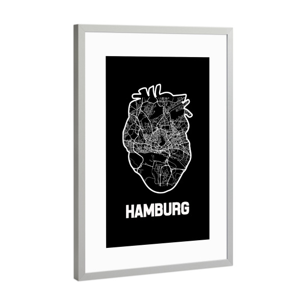 Poster mit Rahmen Silber "Hamburger Herzkarte" artboxONE - Städte / Hamburg,Reise,Kartografie