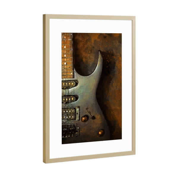 Poster mit Rahmen Gold "Grüne Gitarren-Aquarellkunst" artboxONE - Musik,Für Papa - Gitarre,Gitarrist,Musik,Musikinstrument,Aquarell,Kunst,Jazz