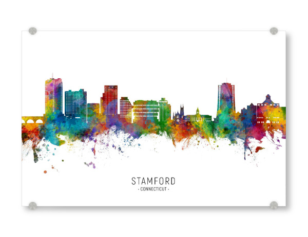 Acrylglasbild "Stamford Connecticut Skyline txt" artboxONE - Städte - Stamford,Connecticut,Skyline,Stadtbild,Stadtbild,Aquarell,Malerei
