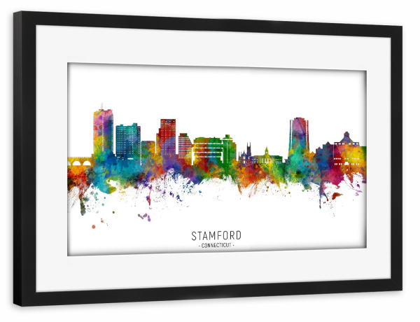 Poster mit Rahmen schwarz "Stamford Connecticut Skyline txt" artboxONE - Städte - Stamford,Connecticut,Skyline,Stadtbild,Stadtbild,Aquarell,Malerei