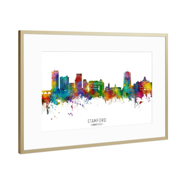 Poster mit Rahmen Gold "Stamford Connecticut Skyline txt" artboxONE - Städte - Stamford,Connecticut,Skyline,Stadtbild,Stadtbild,Aquarell,Malerei