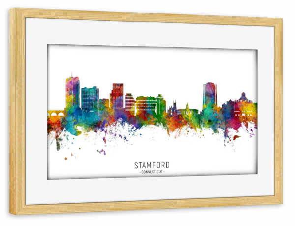 Poster mit Rahmen kiefer "Stamford Connecticut Skyline txt" artboxONE - Städte - Stamford,Connecticut,Skyline,Stadtbild,Stadtbild,Aquarell,Malerei