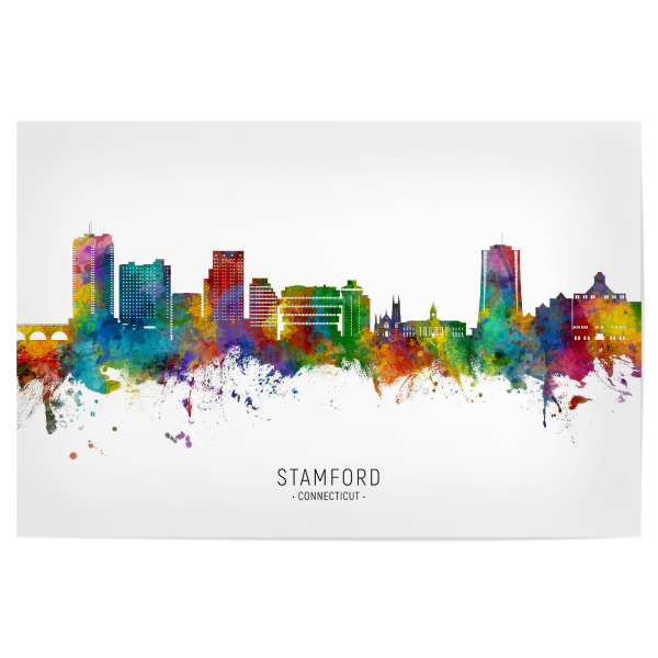 Poster "Stamford Connecticut Skyline txt" artboxONE - Städte - Stamford,Connecticut,Skyline,Stadtbild,Stadtbild,Aquarell,Malerei
