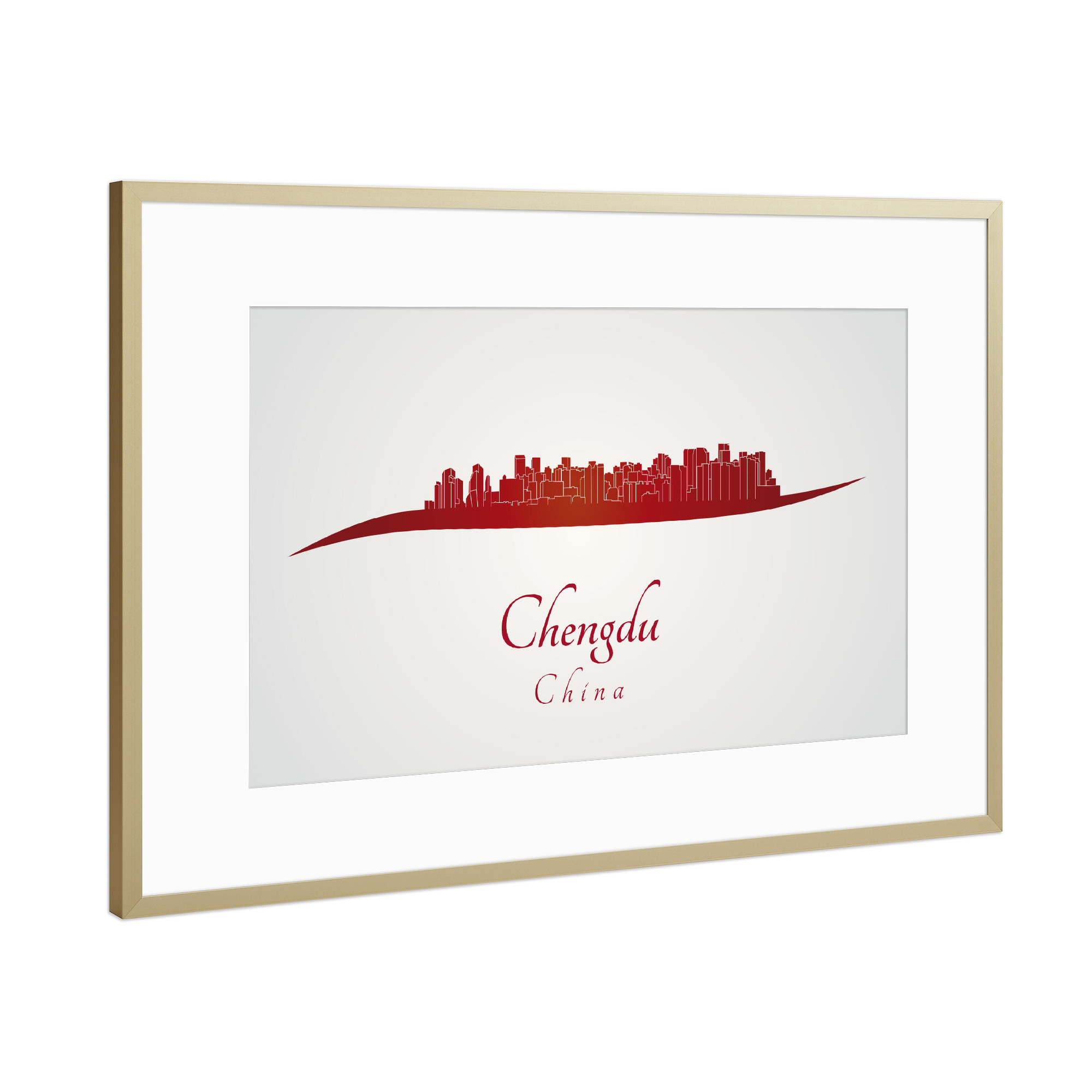 Poster mit Rahmen Gold "Chengdu-Skyline in Rot" artboxONE - Städte,Architektur