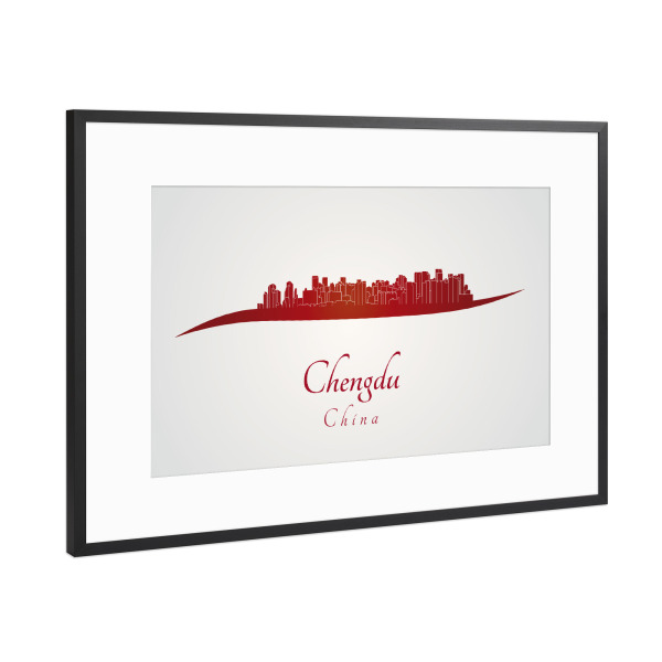 Poster mit Rahmen Schwarz (Metallic) "Chengdu-Skyline in Rot" artboxONE - Städte,Architektur