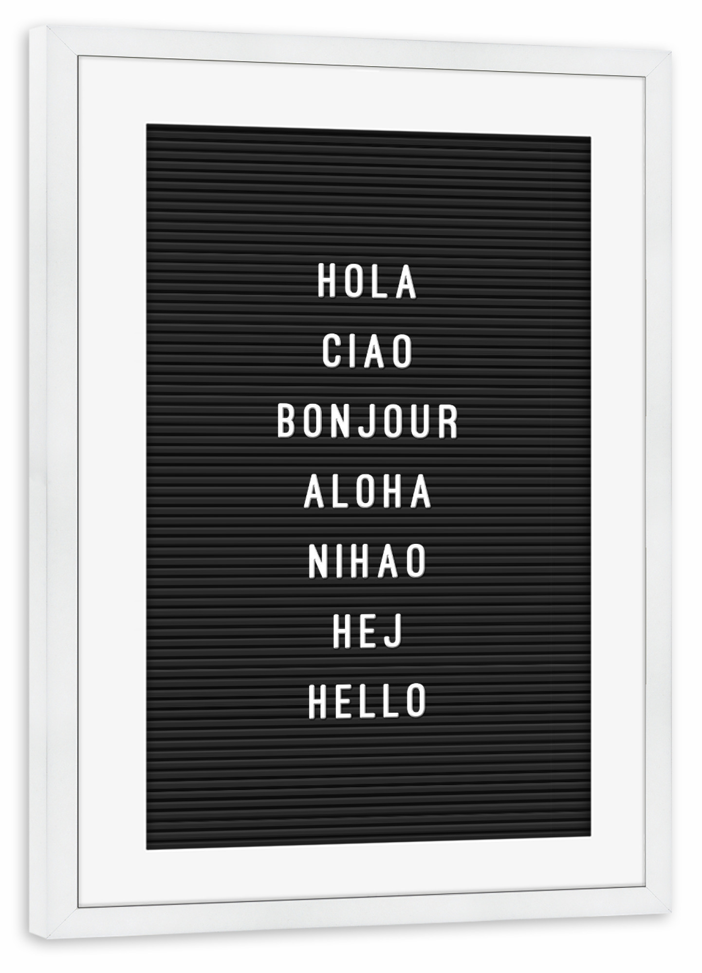 Poster mit Rahmen weiß "Letterboard Hello" artboxONE - Typografie,Reise,Schwarzweiß,Buchstaben