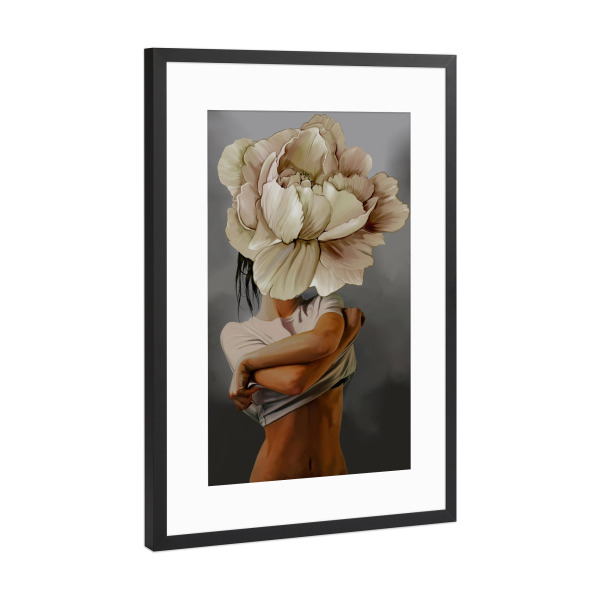 Poster mit Rahmen Schwarz (Metallic) "Reveal" artboxONE - Floral,Menschen - High fashion,Model,Floral,Mode,Pfingstrose,Akt