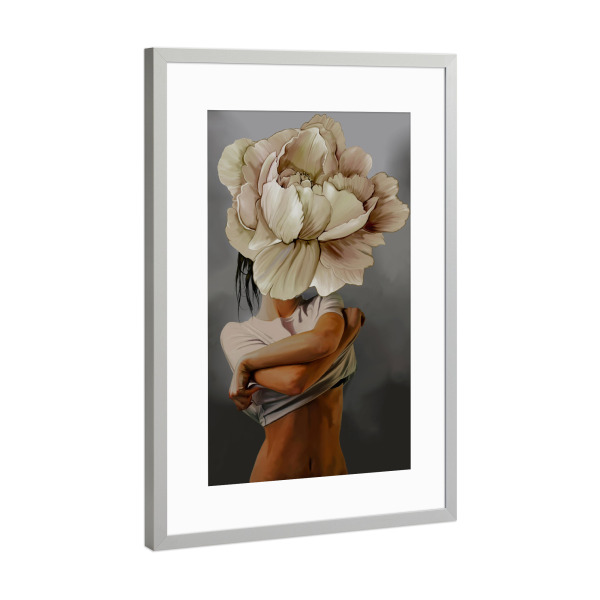 Poster mit Rahmen Silber "Reveal" artboxONE - Floral,Menschen - High fashion,Model,Floral,Mode,Pfingstrose,Akt