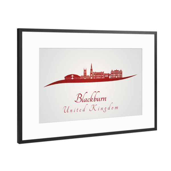 Poster mit Rahmen Schwarz (Metallic) "Blackburn-Skyline im Rot" artboxONE - Städte,Architektur