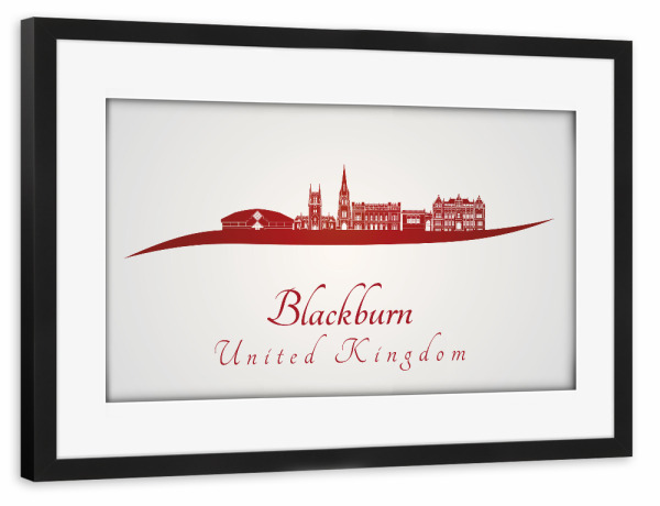 Poster mit Rahmen schwarz "Blackburn-Skyline im Rot" artboxONE - Städte,Architektur