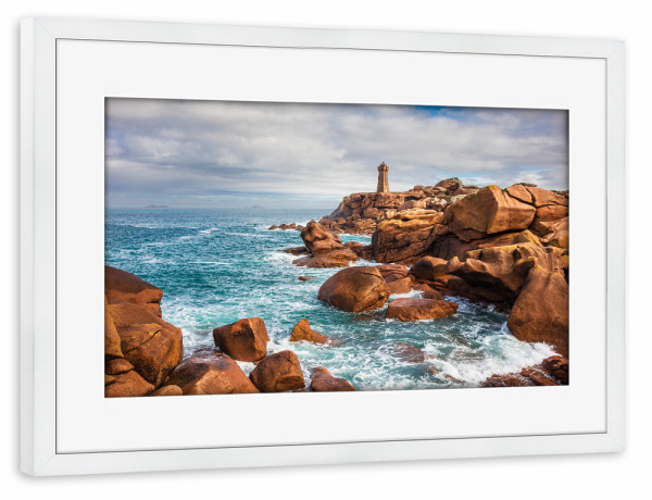 Poster mit Rahmen weiß "Felsen, Meer und Leuchtturm" artboxONE - Natur,Reise,Architektur,Reise / Strand und Meer,Reise / Länder