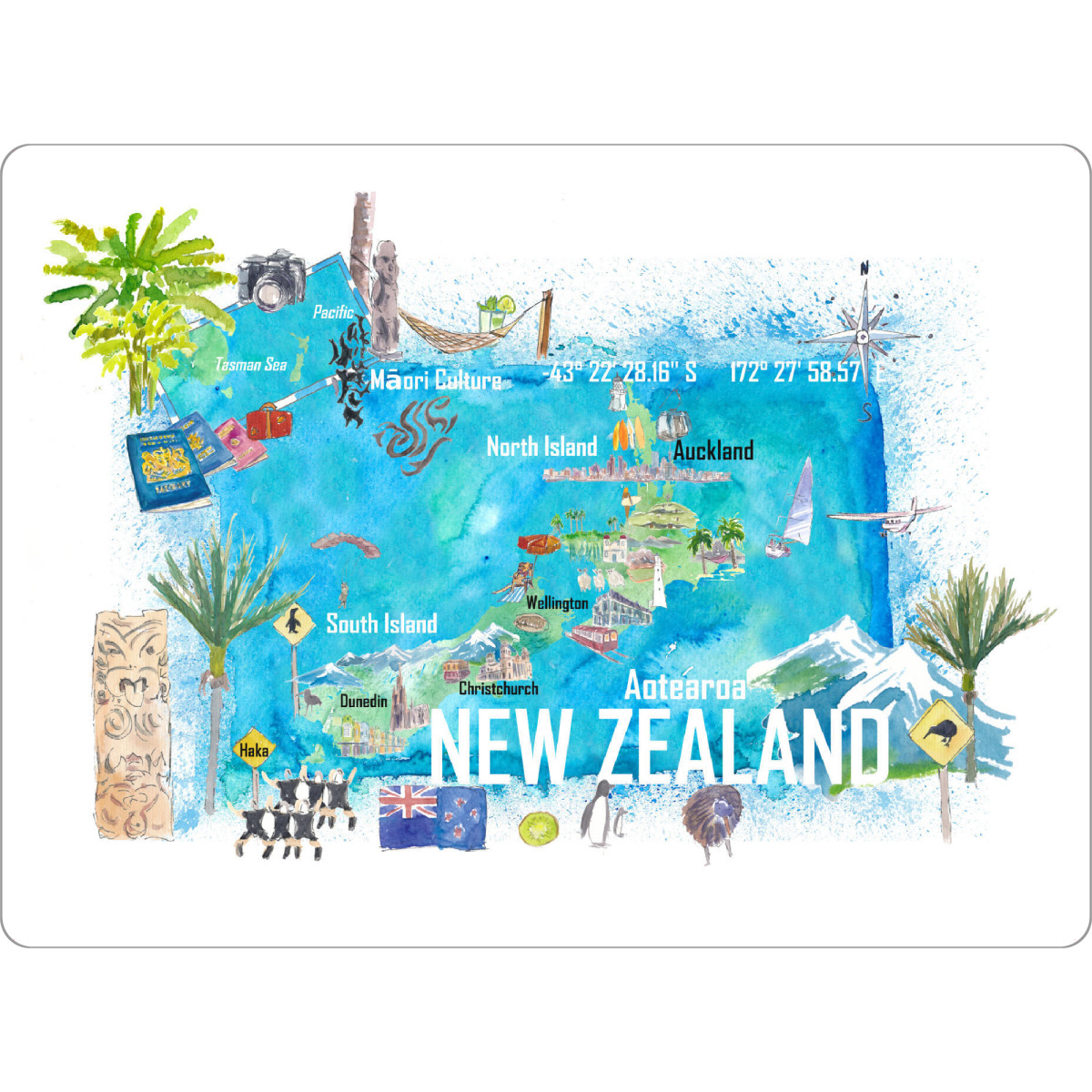 Tischset "Neuseeland Illustrierte Karte" artboxONE - Reise,Reise / Strand und Meer,Kartografie