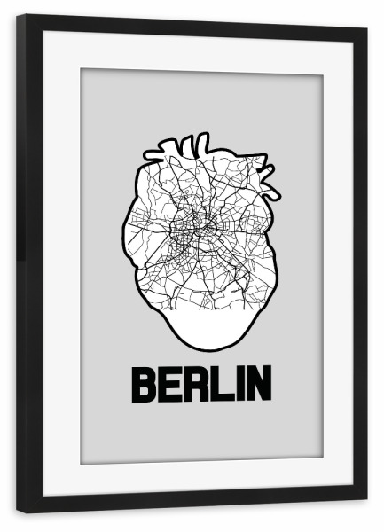 Poster mit Rahmen schwarz "Berliner Herzkarte - weiß" artboxONE - Städte / Berlin,Reise,Kartografie