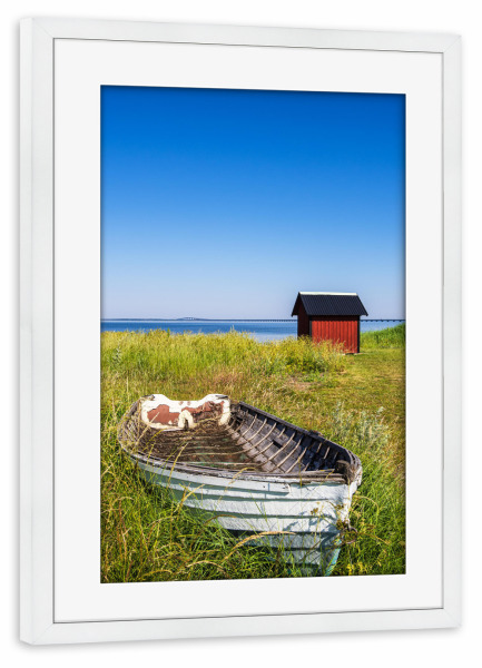 Poster mit Rahmen weiß "Boot, Fischerhütte, Schilf" artboxONE - Natur,Reise,Reise / Strand und Meer,Reise / Länder