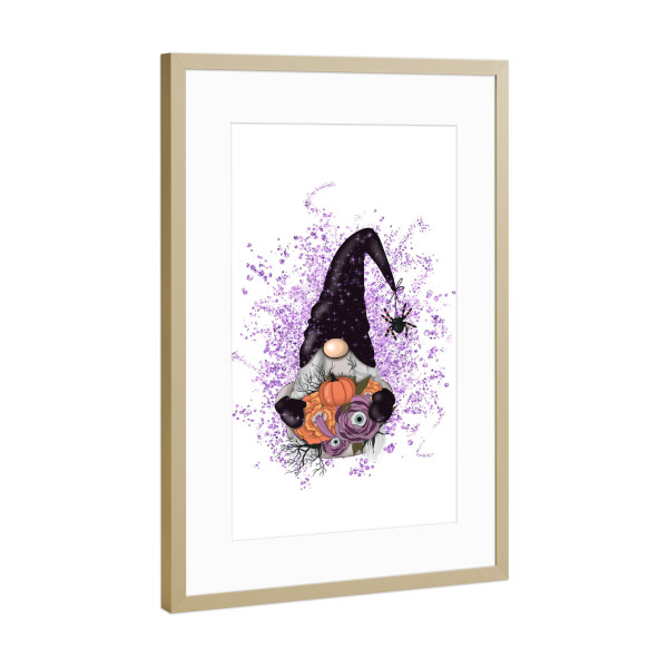 Poster mit Rahmen Gold "Halloween-Mädchenzwerg mit Blumen" artboxONE - Festivals,Halloween