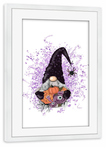 Poster mit Rahmen weiß "Halloween-Mädchenzwerg mit Blumen" artboxONE - Festivals,Halloween