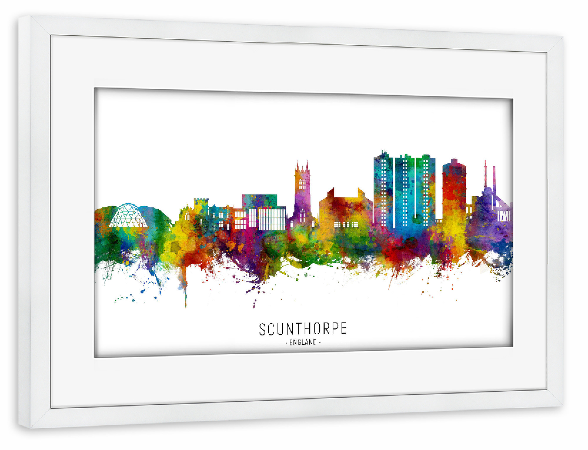 Poster mit Rahmen weiß "Scunthorpe England Skyline txt" artboxONE - Städte - Scunthorpe,England,Skyline,Stadtbild,Stadtbild,Aquarell,Malerei