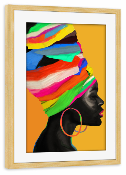 Poster mit Rahmen kiefer "Frauen-gelber bunter Turban" artboxONE - Abstrakt,Menschen - Bunt,Farbe,Farben,Turban,Frau,Mädchen