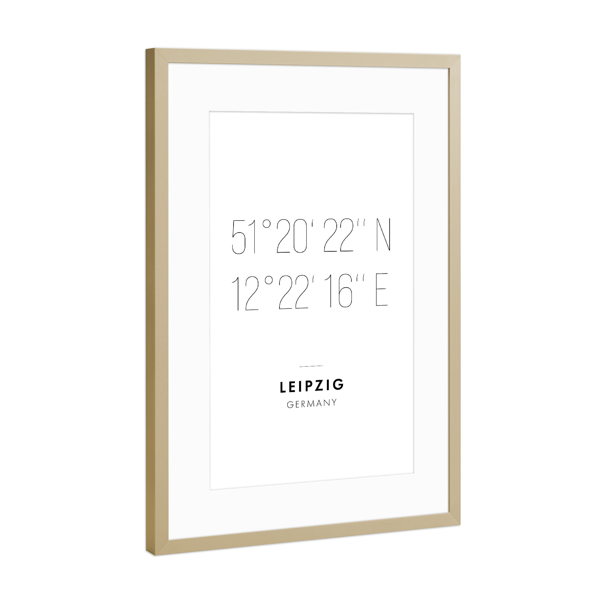Poster mit Rahmen Gold "Koordinaten Leipzig" artboxONE - Städte,Reise,Schwarzweiß,Kartografie