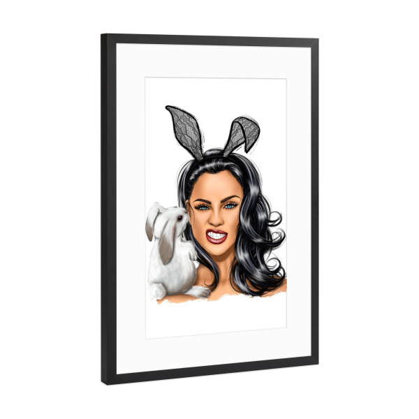 Poster mit Rahmen Schwarz (Metallic) "Mädchen mit Kaninchen" artboxONE - Tiere,Menschen,Für Mama,Festivals