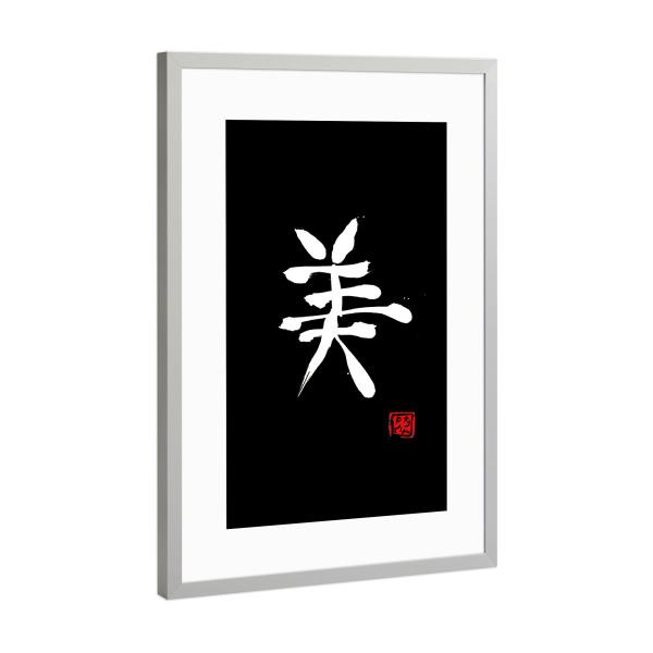 Poster mit Rahmen Silber "Weißes Kanji der Schönheit" artboxONE - Typografie,Buchstaben - Kanji,Kalligrafie,Sumie,Japan,Schönheit