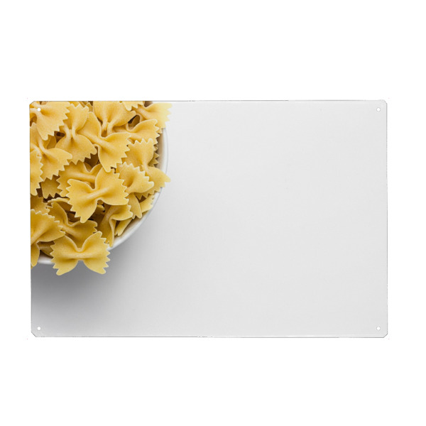 Metall Poster "Farfalle - halb" artboxONE - Essen & Trinken - Nudeln,Essen,Food,Pasta,Küche,Mahlzeit,Weiß,Minimalistisch,Fotografie - Blechschild