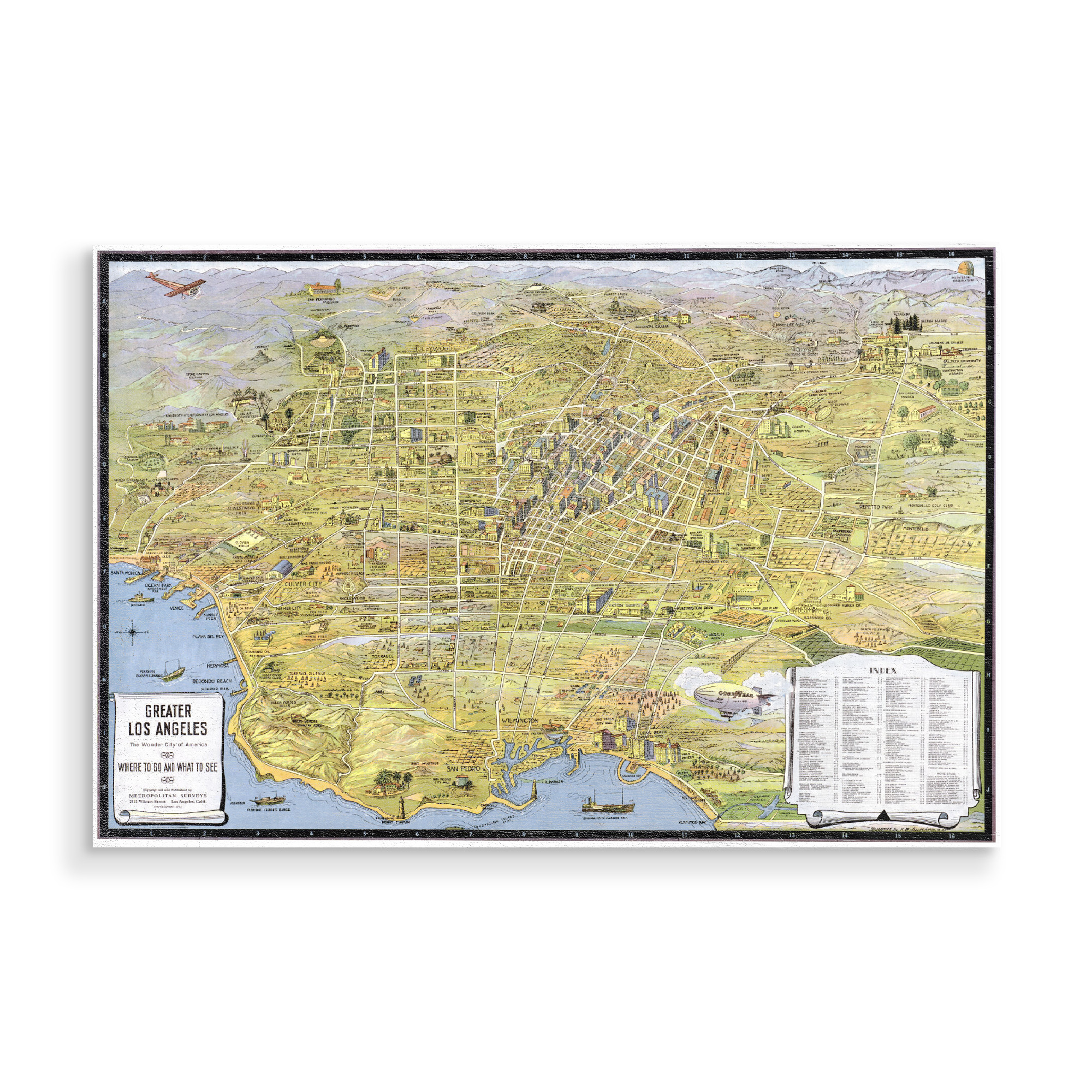 Holzbild "Karte von Los Angeles Kalifornien" artboxONE - Kartografie - Karte,Karten,Flach,Jahrgang,Stadt,Alte,Retro,Abbildung,Reise