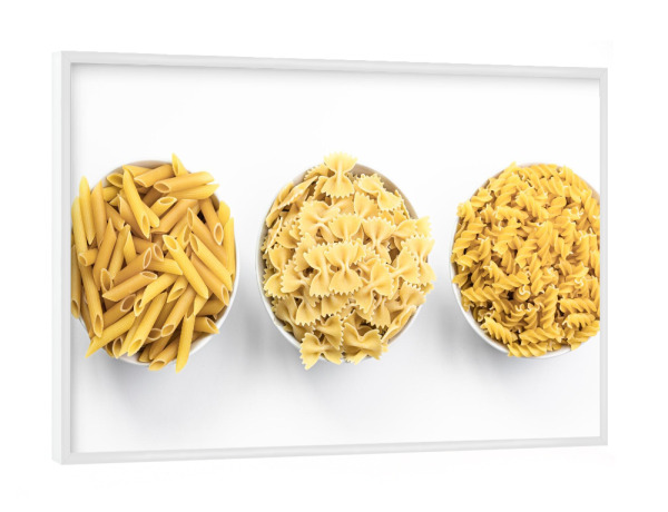 Poster mit weißem Rahmen "3 Mal Nudeln - quer" artboxONE - Essen & Trinken - Nudeln,Essen,Küche,Weiß,Minimalistisch,Minmimalismus,Fotografie