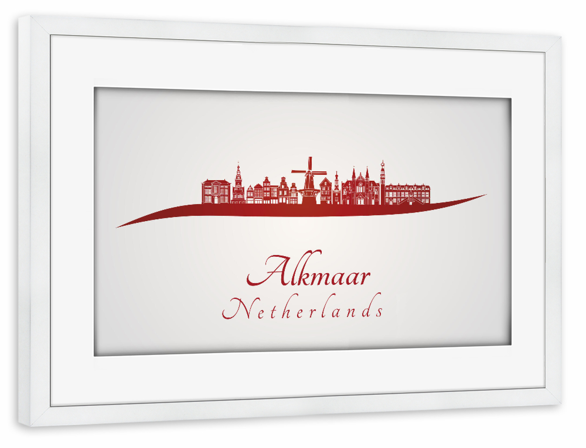 Poster mit Rahmen weiß "Alkmaar-Skyline in Rot" artboxONE - Städte - Skyline,Stadt,Denkmäler,Metropole,Reise,Tourismus,Geschenk,Souvenir,Rot,Alkmaar