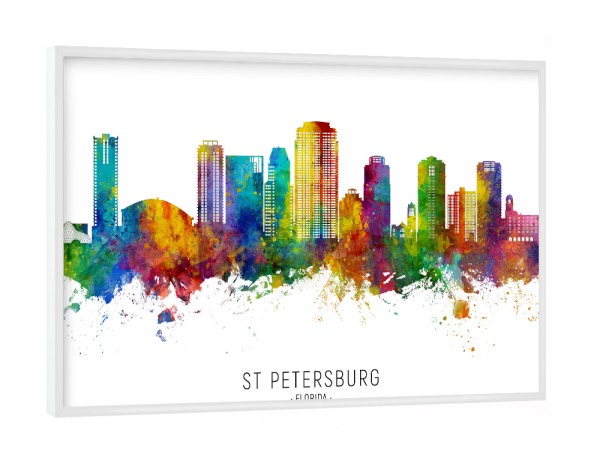 Poster mit weißem Rahmen "St Petersburg Florida Skyline txt" artboxONE - Städte - St petersburg,Florida,Skyline,Stadtbild,Stadtbild,Aquarell,Malerei