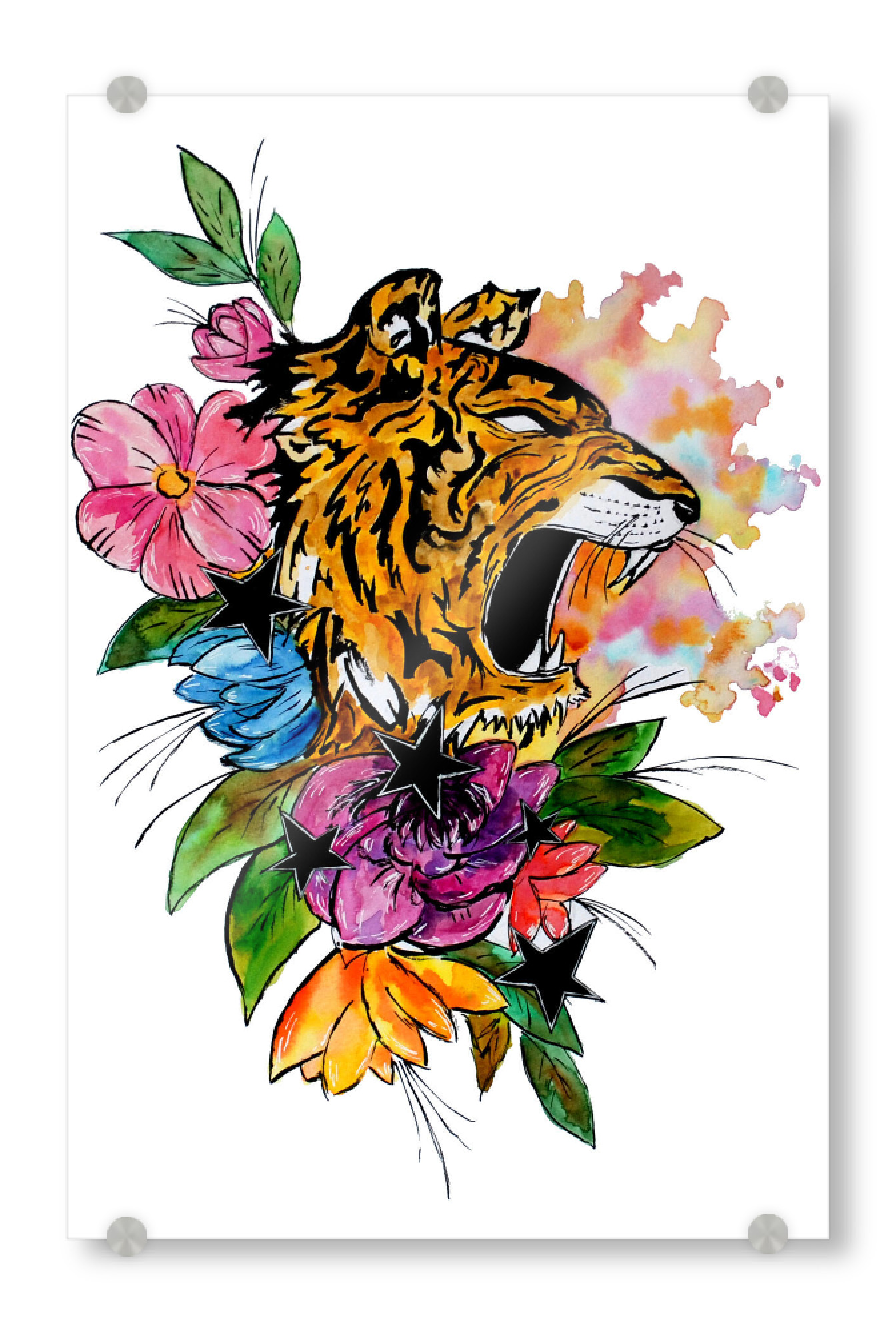 Acrylglasbild "Tiger mit Blumen und Sternen" artboxONE - Natur,Floral,Tiere
