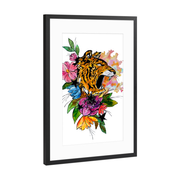 Poster mit Rahmen Schwarz (Metallic) "Tiger mit Blumen und Sternen" artboxONE - Natur,Floral,Tiere