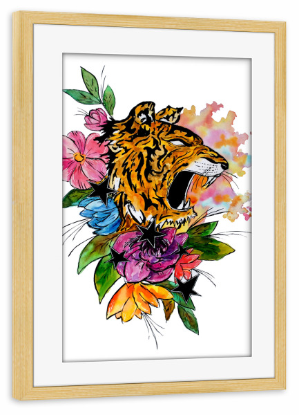 Poster mit Rahmen kiefer "Tiger mit Blumen und Sternen" artboxONE - Natur,Floral,Tiere