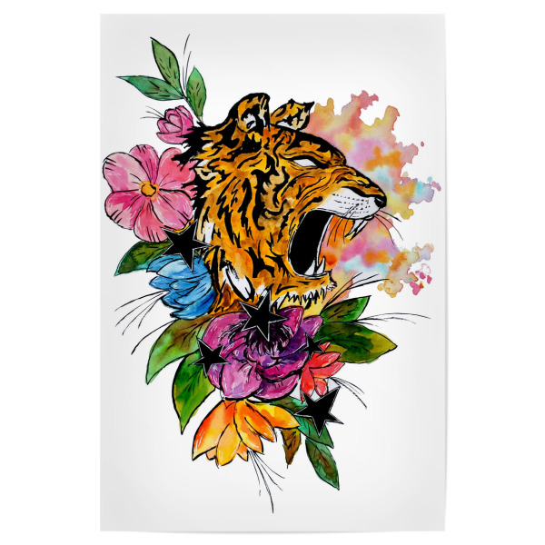 Poster 30x20 cm "Tiger mit Blumen und Sternen" artboxONE - Natur,Floral,Tiere