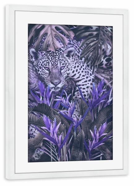 Poster mit Rahmen weiß "Jaguar at home Very Peri" artboxONE - Natur,Floral,Tiere