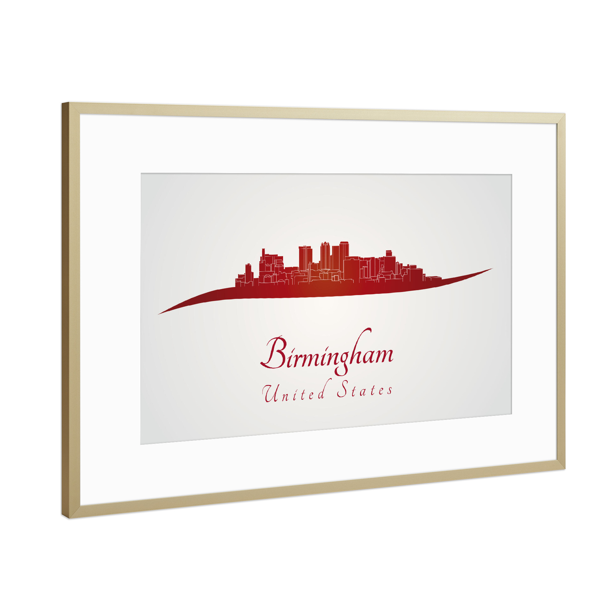 Poster mit Rahmen Gold "Skyline von Birmingham AL in Rot" artboxONE - Städte,Architektur