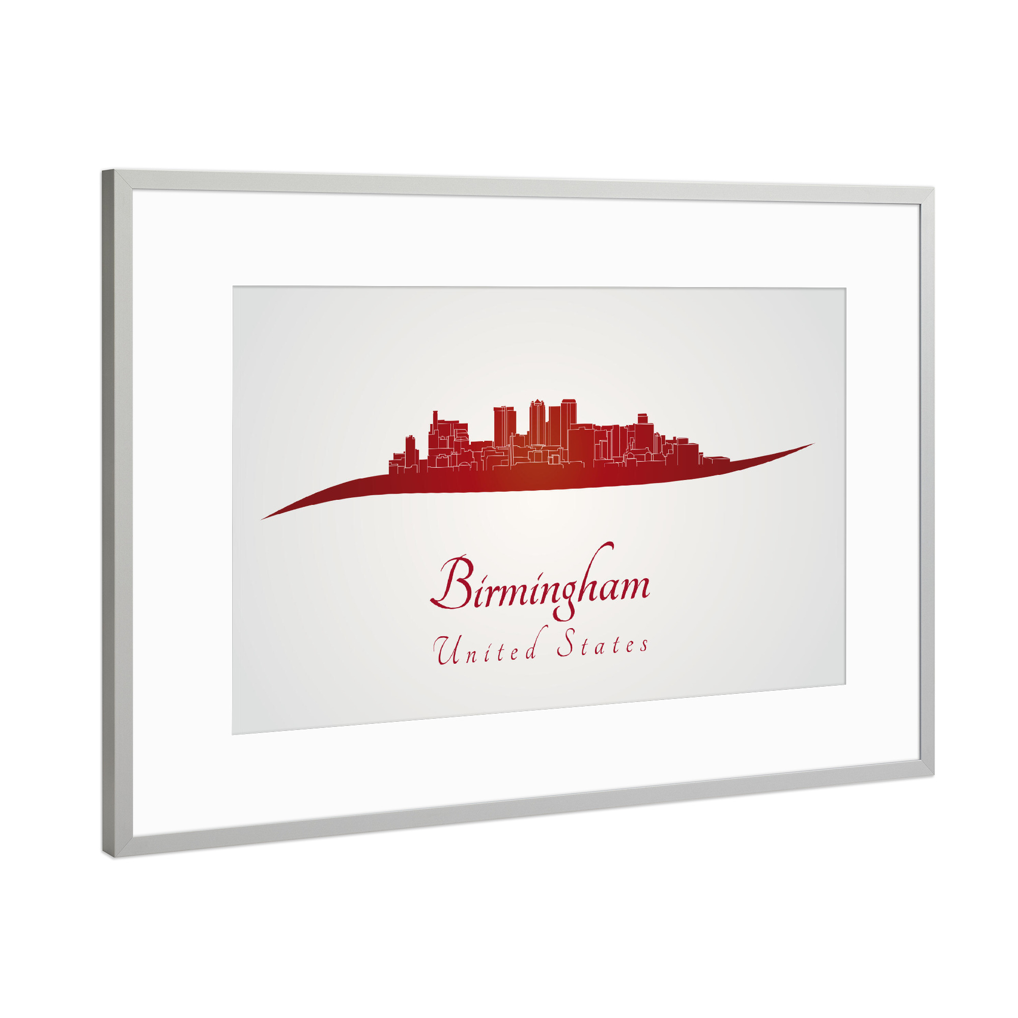Poster mit Rahmen Silber "Skyline von Birmingham AL in Rot" artboxONE - Städte,Architektur