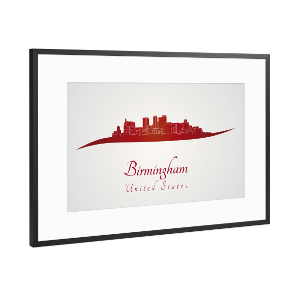 Poster mit Rahmen Schwarz (Metallic) "Skyline von Birmingham AL in Rot" artboxONE - Städte,Architektur